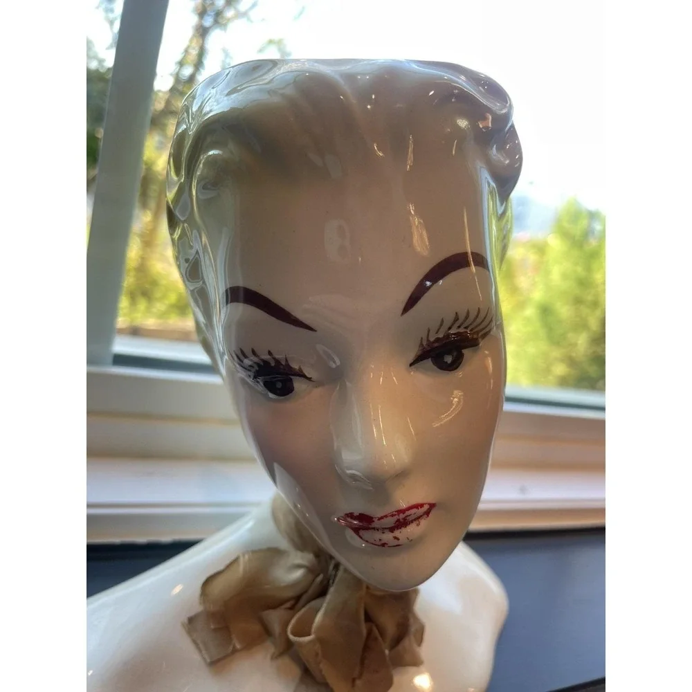 VTG MCM Deco Signed HORTON CERAMICS Head Vase Blonde Glamour Girl Original Scarf